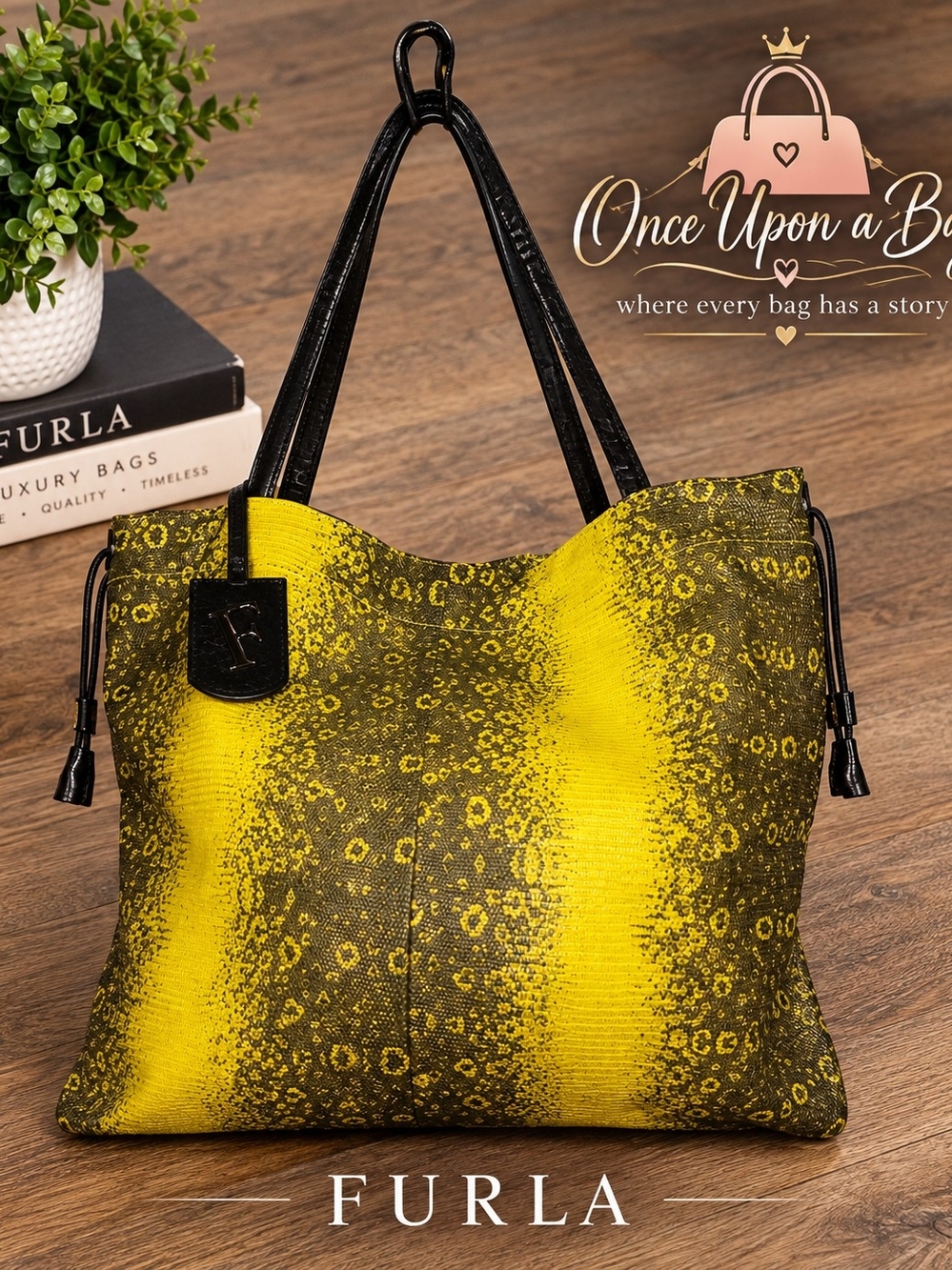 Nwot Furla Yellow and Black Snake-Print Tote